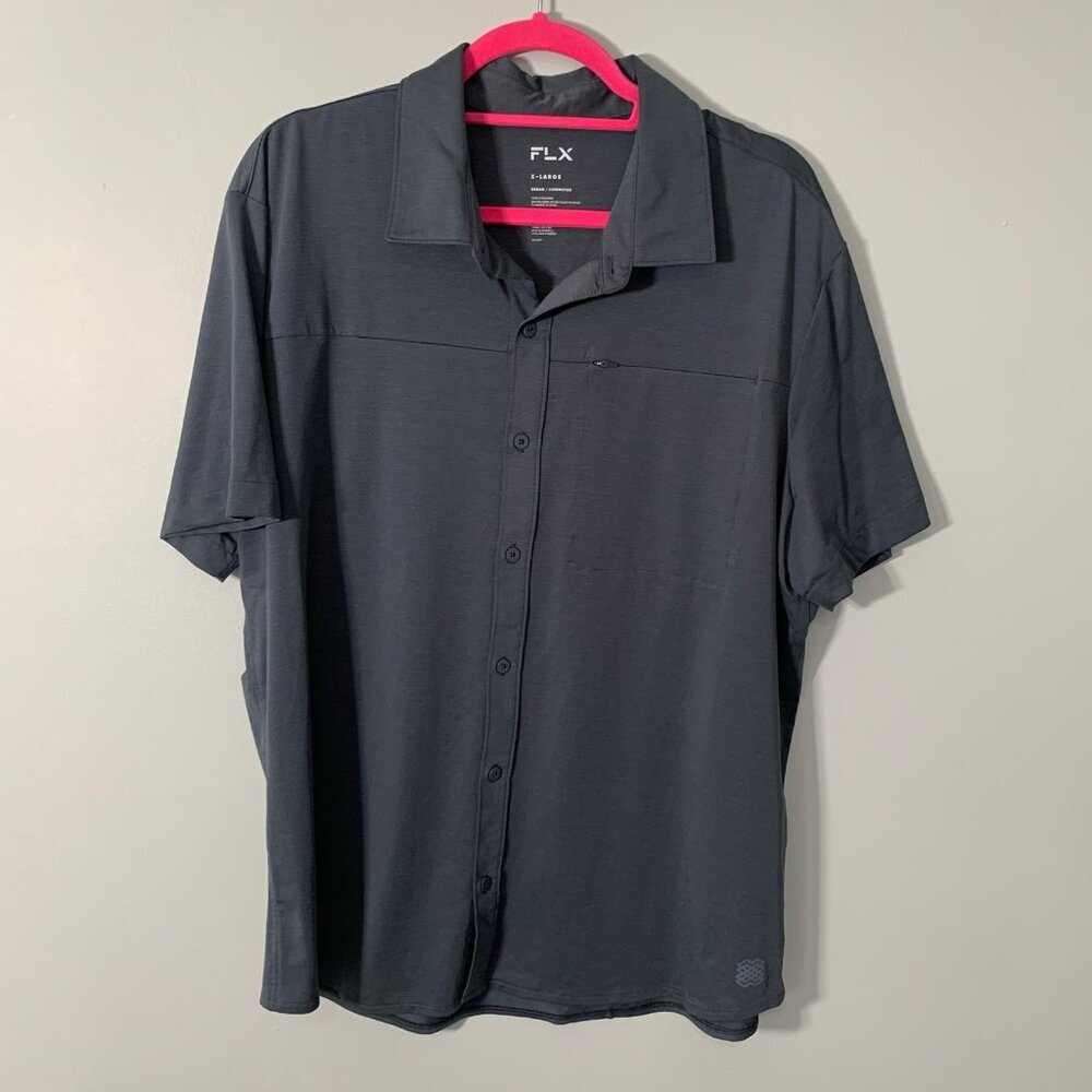 FLX‎ Urban Commuter Button Down Shirt Mens XL Grey Short Sleeve Stretch Pocket
